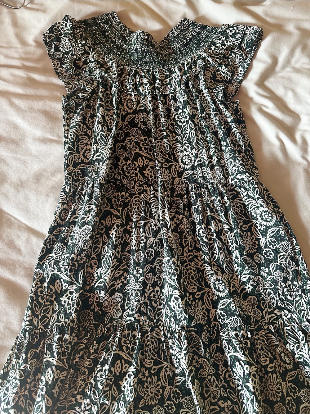 LOFT Black, White and Dark Green Floral Smocked Dress